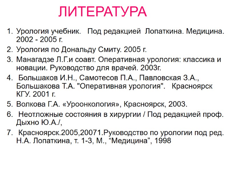 ЛИТЕРАТУРА Урология учебник.   Под редакцией  Лопаткина. Медицина. 2002 - 2005 г.
